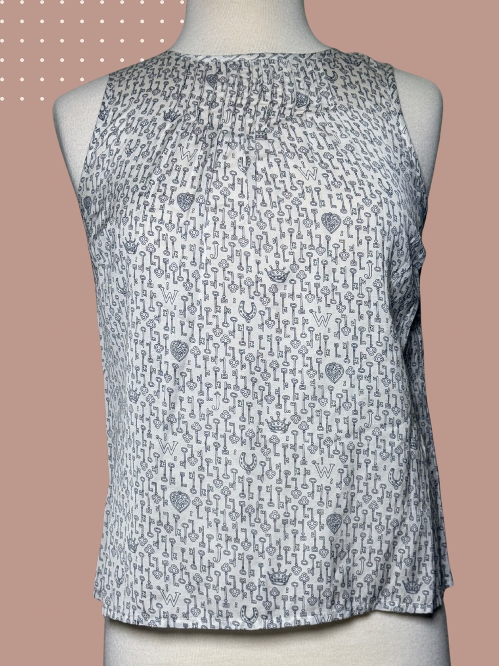 Jack Wills Key Print Sleeveless Blouse White Blue UK10 US6 Small